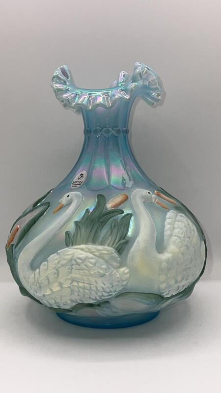 Fenton Blue Satin Iridescent Glass Swan Vase