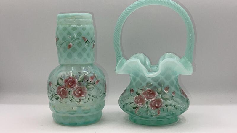 Fenton Aqua Green Opalescent Diamond Optic Tumble Up Decanter Set & Hand Basket