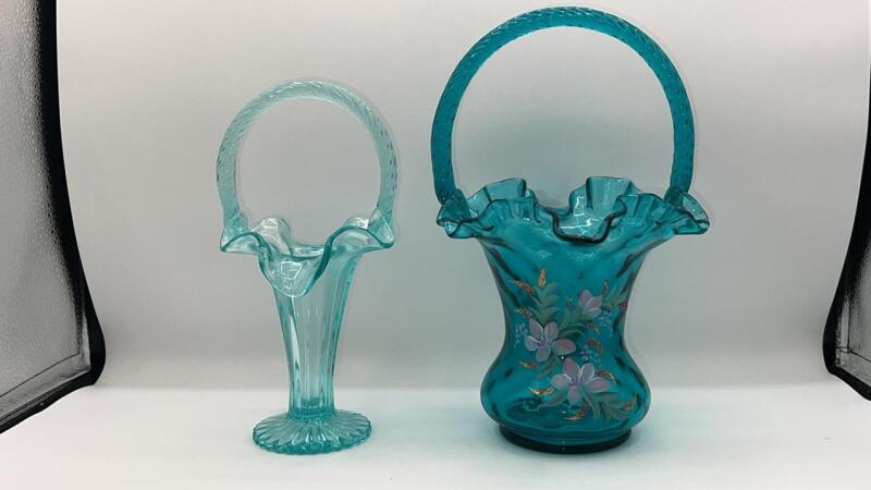 Fenton Sea Mist Green Trumpet Hand Basket & Teal Blue Floral Ruffled Hand Basket