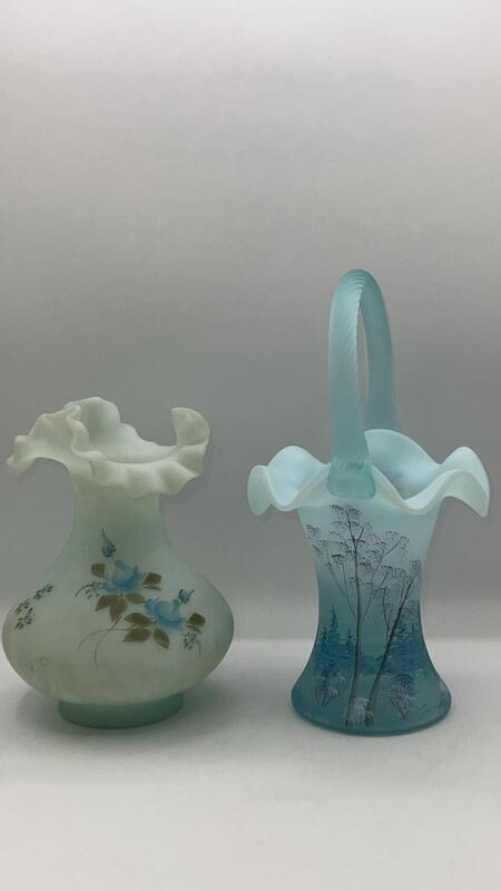 Fenton Blue Roses on Blue Satin Vase & Fenton 100th Anniversary Aquamarine Opalescent Glass Misty Morning Hand Basket