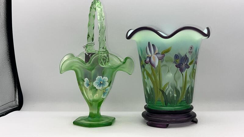 Fenton Daybreak on Green Fern Glass Hand Basket & Green Opalescent Glass Vase w/ Purple Base & Rim