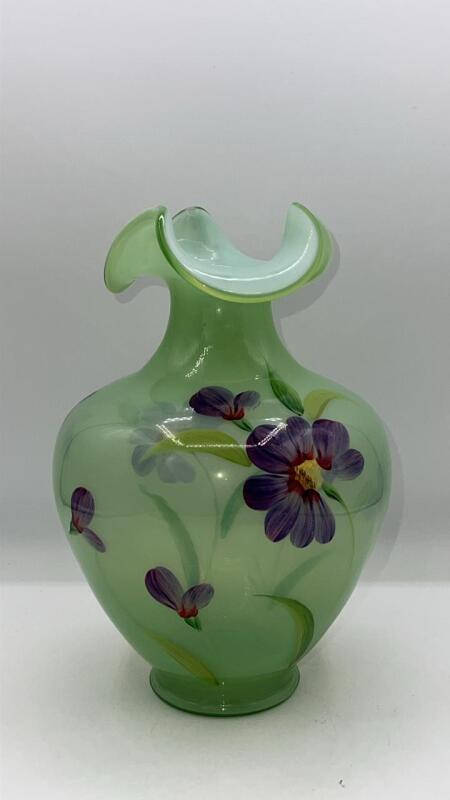 Fenton Opaline Green Glass Vase w/ Floral Design