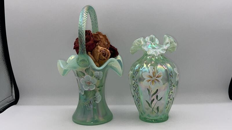 Fenton Willow Green Opalescent Glass Hand Basket & Light Green Lily & Flax Ruffled Vase