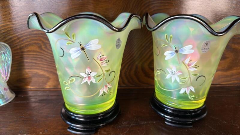 Fenton Lily Trail on Topaz Opalescent Flip Vases w/ Bases (2)