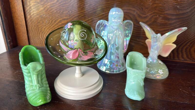 Fenton Green Glass Hat, Celeste Blue & Milk Glass Slag Angel Figure & more