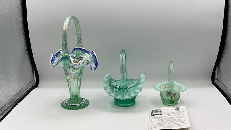 Fenton Willow Green Hand Baskets & Aquamarine Legacy Collection Hand Basket