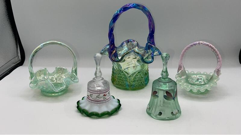 Fenton Willow Green Opalescent Hand Baskets & Opalescent Glass Bell