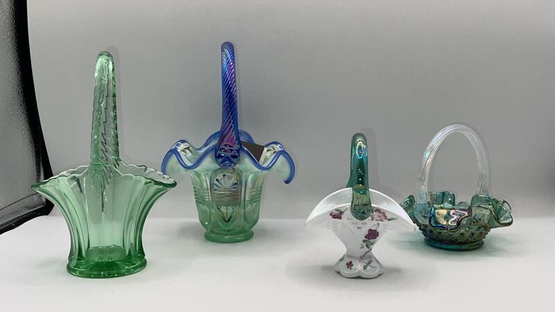 Fenton Aquamarine Carnival Glass Hobnail Basket, Iridized Milk Glass Basket, Iridescent Green Hand Basket & Green Glass Basket