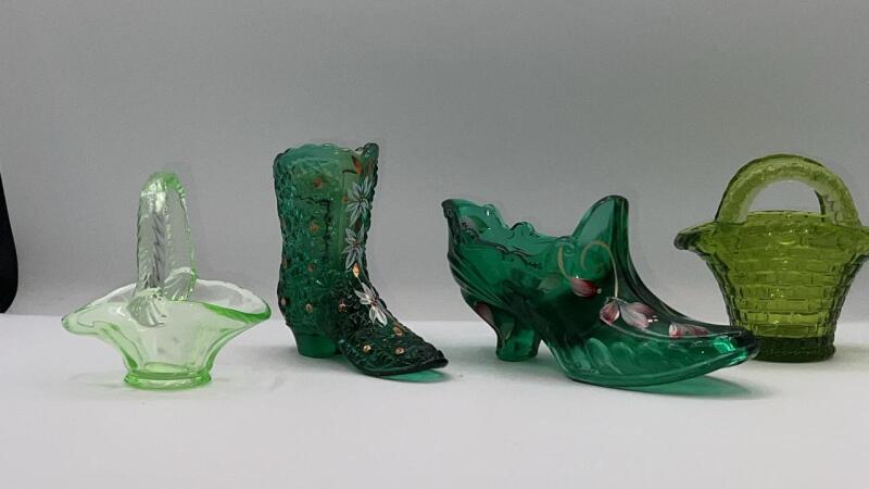 Fenton Emerald Green Boot & Slipper w/ Mini Vaseline and Green Glass Baskets (2)