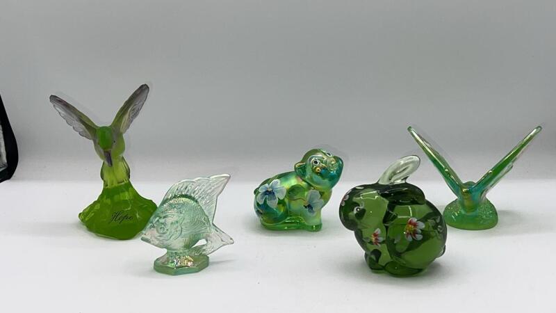 Fenton Green Glass Hand Painted Animal Figurines (5)