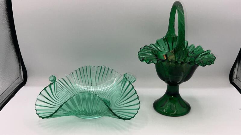 Sea Mist Green Beauty Bowl & Emerald Green Footed Basket
