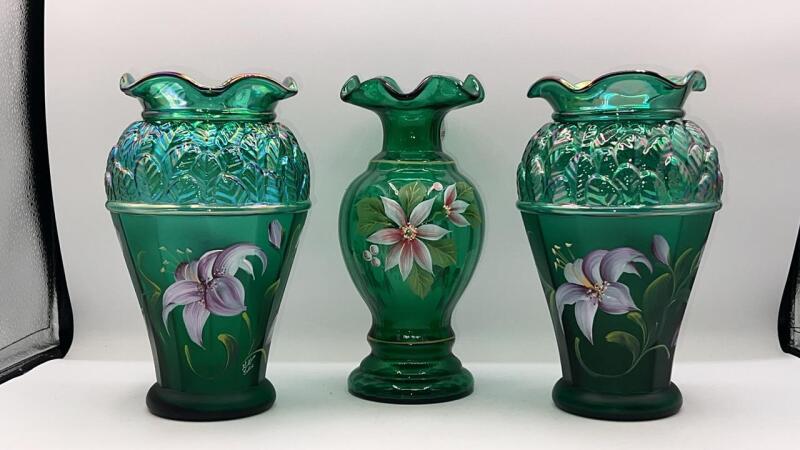 Fenton Green Hand Painted Floral Ruffle Vase & Designer Showcase Series Emerald Green Carnival Glass Tiger Lily Vases (2)