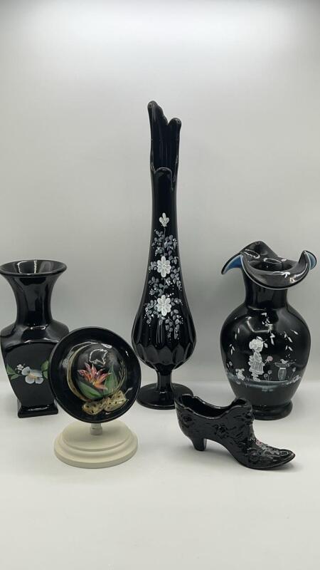 Fenton Black Glass Slipper, Tropical Tango Hat, Black Violet Flowers Square Vase, Black Opalescent Vase & Black Amethyst Swung Vase