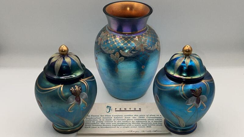 Fenton Favrene Orchid Ginger Jars (2) & Favrene Art Nouveau Vase