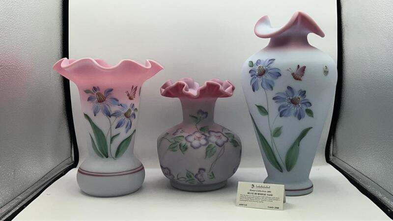 Fenton Blue Burmese Glass Hand Painted Vases (3)