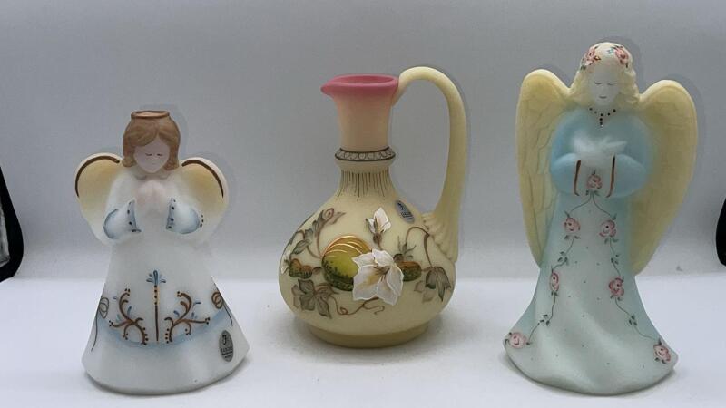 Fenton White Satin Angel Figurines (2) & Golden Gourds on Burmese Ewer