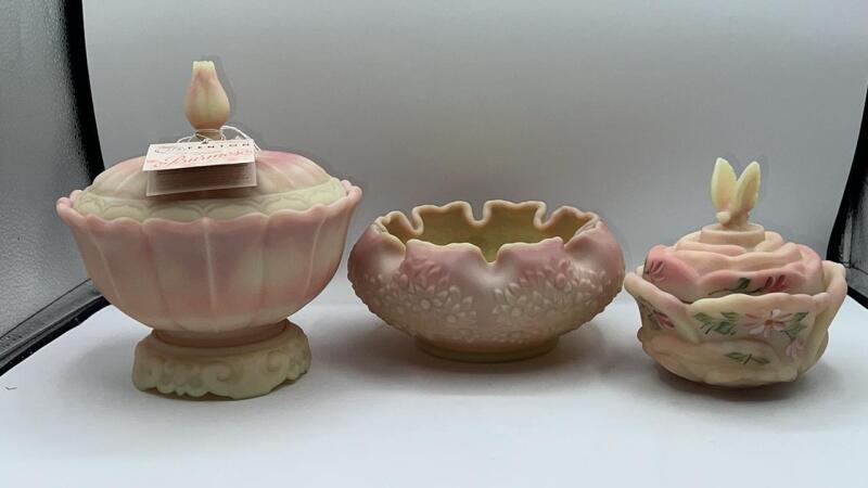 Fenton Burmese Glass Hand Painted Cabbage Rose Butterfly Trinket Box w/ Embossed Floral Bowl & Candy Dish
