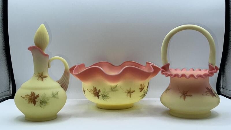 Fenton Burmese Glass Maple Leaf Cruet, Hand Basket & Ruffled Rim Bowl