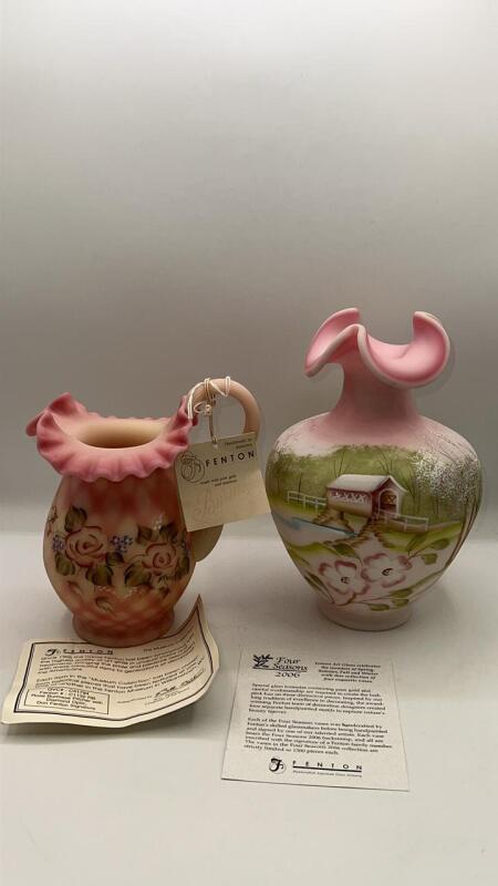 Fenton Burmese Glass Diamond Optic Rose Pitcher & Lotus Mist Burmese Glass 2006 Four Seasons Collection Vase