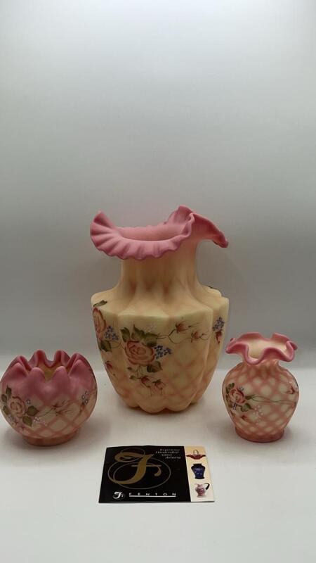 Fenton Burmese Glass Diamond Optic Hand Painted Rose Bowl & Rose Vases (2)