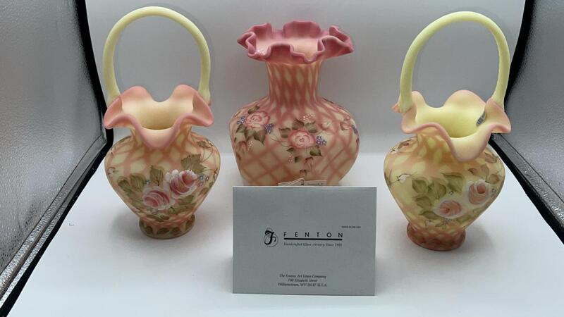 Fenton Burmese Glass Diamond Optic 2003 Heirloom Optic Collection Hand Baskets (2) & Diamond Optic Rose Vase