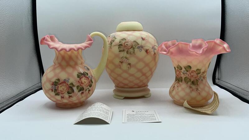 Fenton Burmese Glass Rose Trellis Urn Vase, Pitcher & Ginger Jar w/ Base