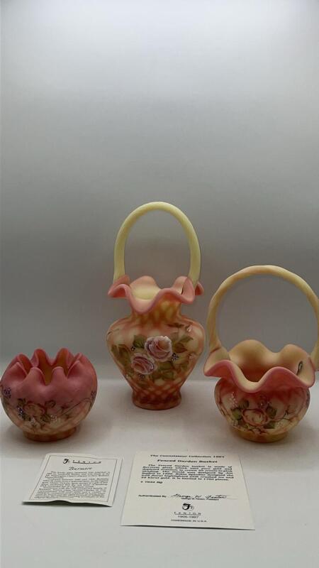 Fenton Burmese Glass Fenced Garden Hand Baskets (2) & Rose Bowl