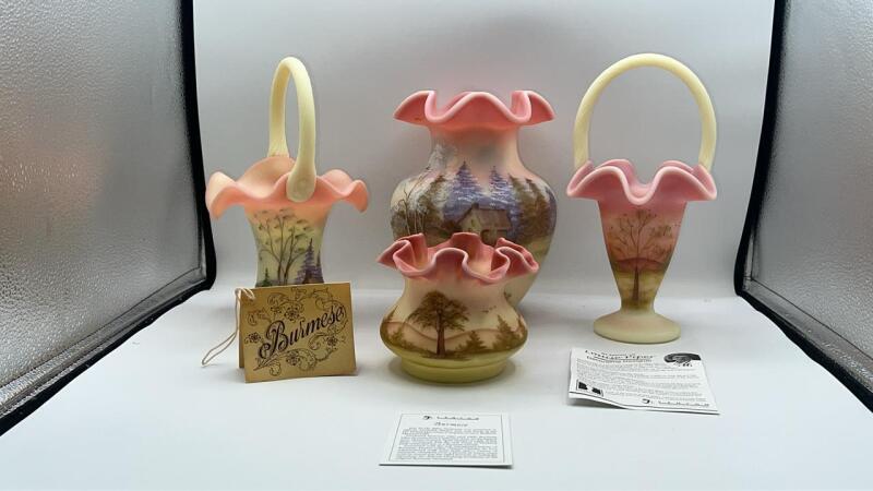 Fenton Burmese Glass Woodland Vases & Hand Baskets