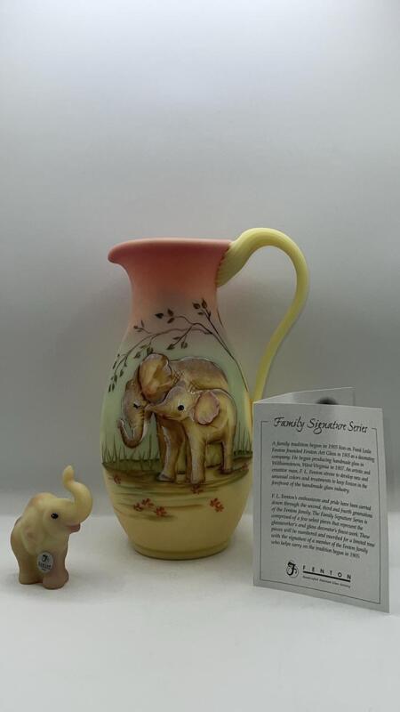 Fenton Burmese Glass Hand Painted Elephant Figurine & Elephant Walk Pitcher