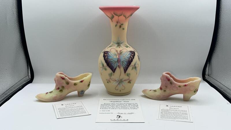 Fenton Burmese Glass Hand Painted Papillon Vase & Slippers (2)