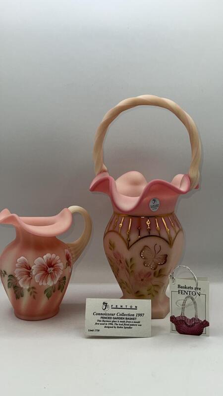 Fenton Burmese Satin Rib Optic Pitcher & Connoisseur Collection Fenced Garden Hand Basket