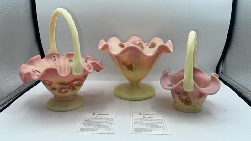 Fenton Burmese Glass Hand Painted Hand Baskets & Footed Compote