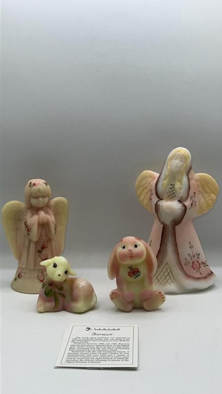 Fenton Burmese Glass Hand Painted Animals & Angel w/ Satin White Angel Figurine