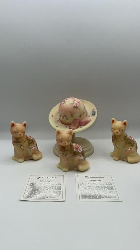 Fenton Burmese Glass Hand Painted Sitting Cats (3) & Hat