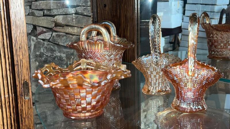 Marigold Carnival Glass Baskets & Bowl