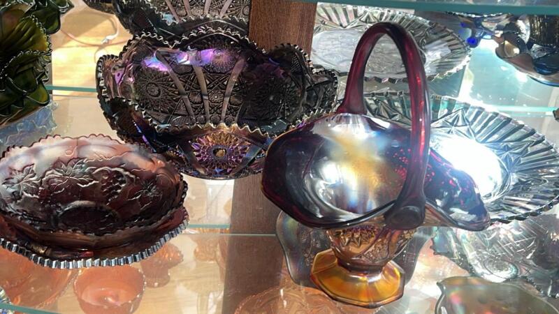 Carnival Glass Hand Basket, Bowls & Dome Butter Dish