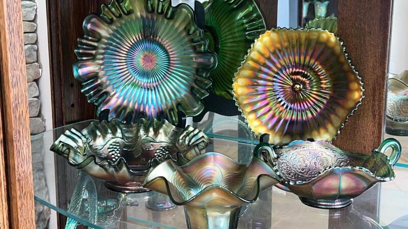 Fenton Green Carnival Glass Bowls & Bonbon Dish
