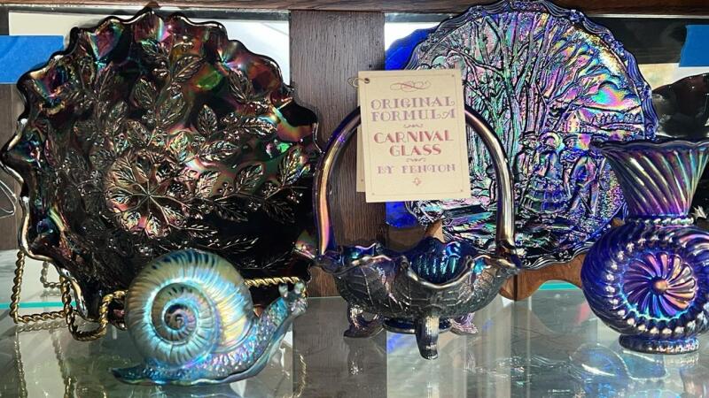 Fenton Carnival Glass Snail Figurine, Bowl, Winter Pastime Plate & Footed Fruit Bowl