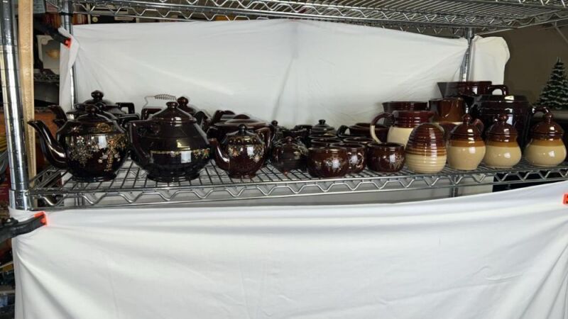 Redware Pottery Tea Pots & Accessories w/ Ceramic Potttery w/ Brown Drip Glaze