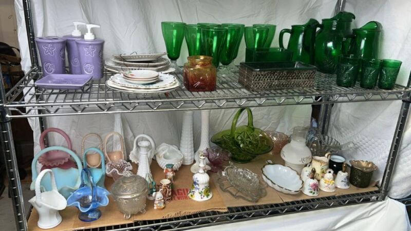 Anchor Hocking Forest Green Glass w Fenton & Westmoreland Baskets