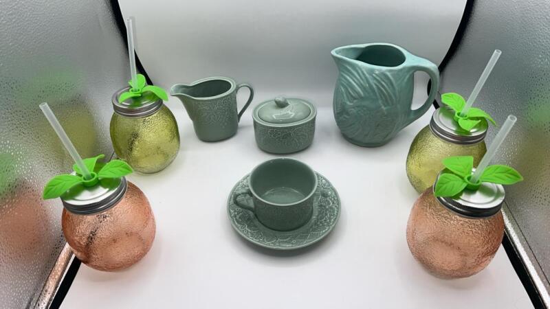 Mikasa English Countryside Celadon Stoneware w/ Glass Mason Jar Cups & Blue Crackle Angel Fish Pitcher