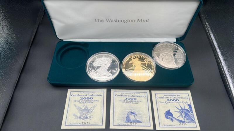 2000 Giant Quarter-Pound Eagle, Silver Eagle, & Golden Eagle