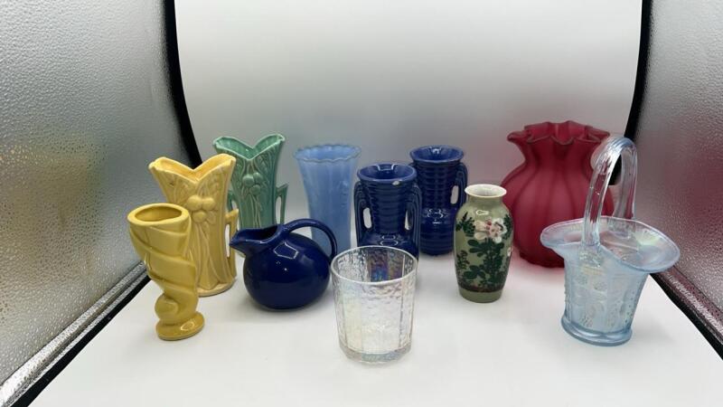McCoy Bud Vases w/ Additional Vases & Fenton Iridescent Hand Basket