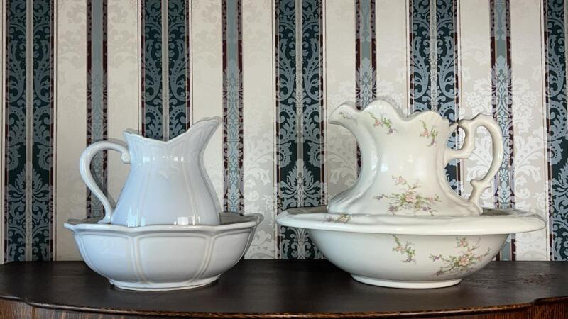 McCoy Pitcher w/ Wash Basin & Porcelain Floral Pitcher w/ Wash Basin