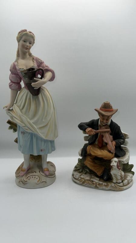 Vintage Bisque Lady & Old Man Playing A Fiddle Figurines