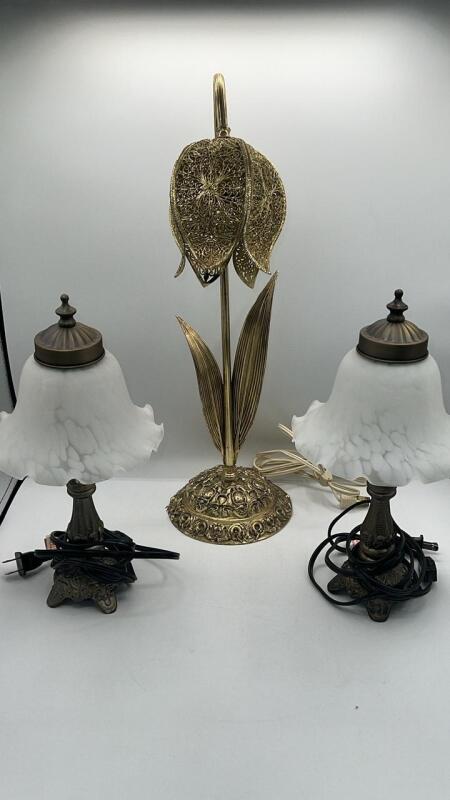Brass Tuplip Table Lamp w/ Frosted Glass Boudoir Lamps w/ Brass Bases