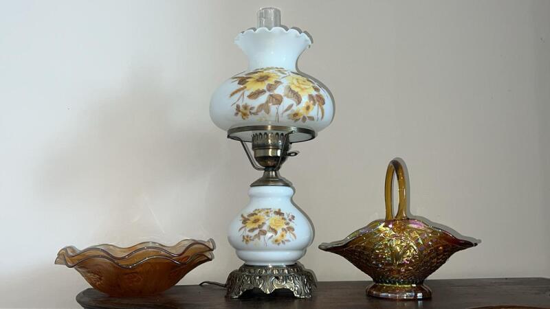 Vintage Milk Glass Hurricane Parlor Lamp w/ Carnival Glassware