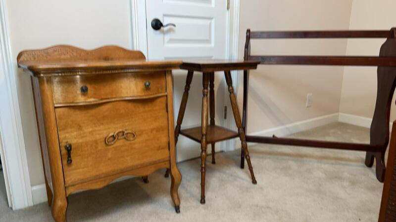 Vintage French Oak Louis XV Style Nightstand, Oak Parlor Table & Mahogany Quilt Rack