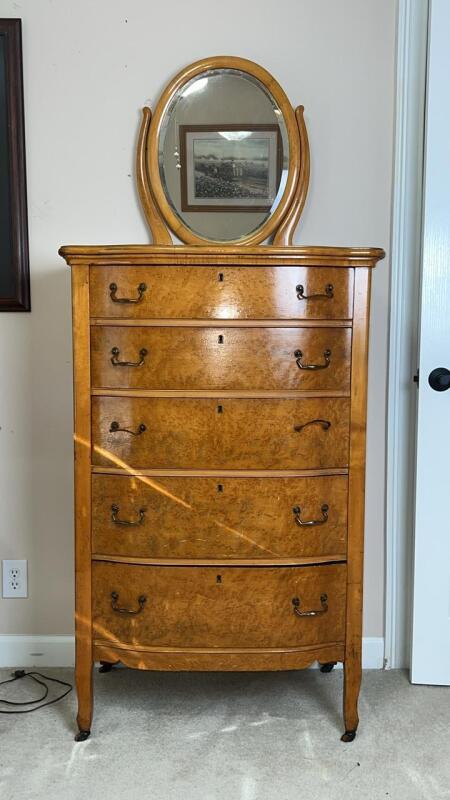 Vintage Serpentine Birdseye Maple Chest of Drawers w/ Oval Mirror