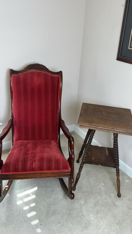 Victorian Style Red Velvet Wooden Rocking Chair w/ Parlor Table